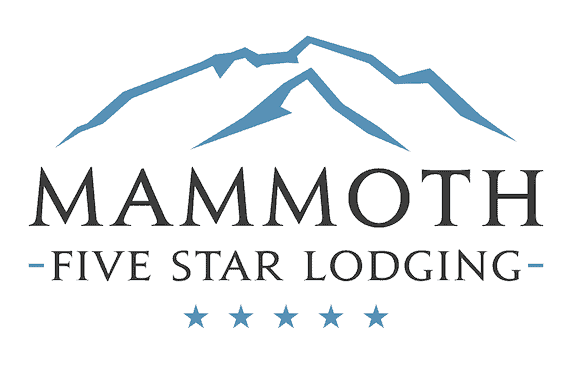 Logo of Mammoth Five Star Lodging with blue mountain outline and five stars below the text.