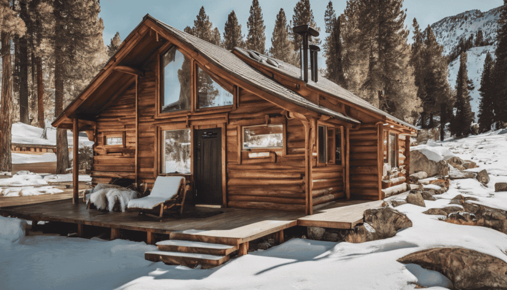 A cozy log cabin with large glass windows sits on a snowy landscape surrounded by tall pine trees. A wooden deck with a lounge chair and firewood is seen in front of the cabin.