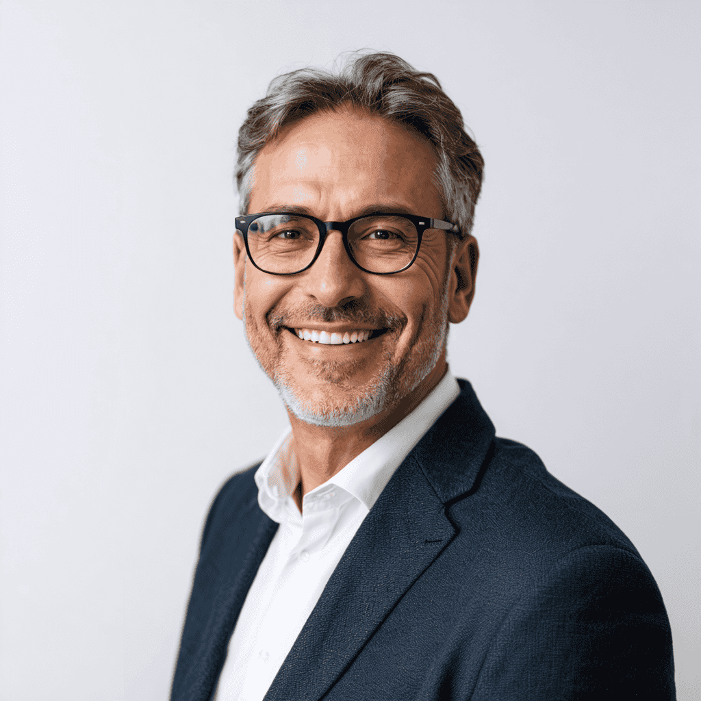 A middle-aged man with glasses and gray hair, wearing a white shirt and dark blazer, smiles at the camera against a plain white background.