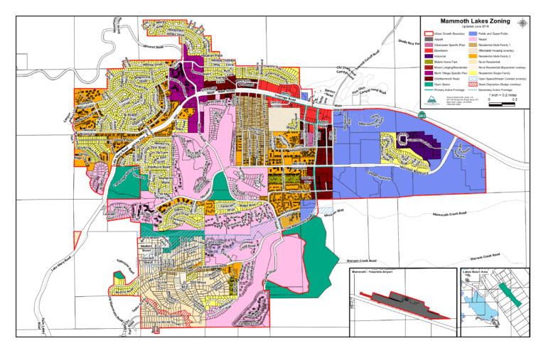 A detailed map showing the zoning of Mammoth Lakes, separating areas by color for different land uses. The legend on the right explains the color codes for residential, commercial, industrial, and other areas.