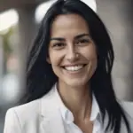 Woman with long dark hair smiling and wearing a white blazer in an outdoor setting.