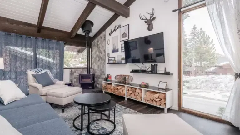 Cozy living room with wood stove, TV, and log storage. Large window showing snowy landscape. Blue and white decor with deer head wall art.