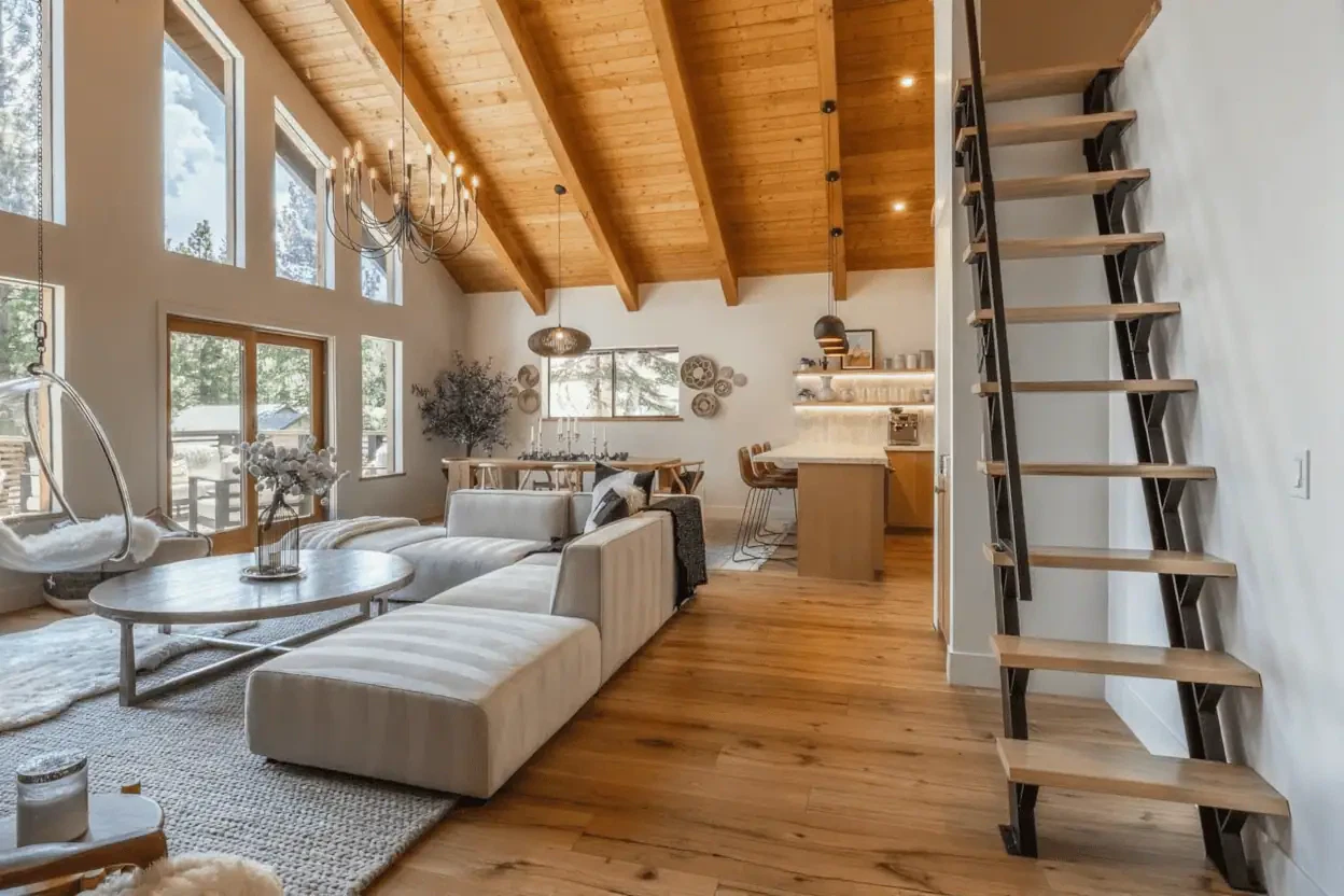 Modern open-concept living area with wood floors, high ceilings, large windows, a sectional sofa, dining table, kitchen island, and a loft-access ladder.