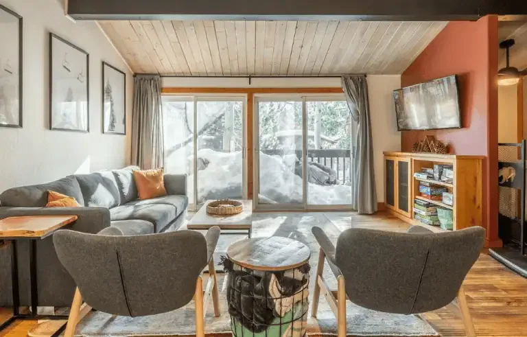 Bright living room with gray sofa, two chairs, wooden coffee table, TV, and large glass doors showing snow-covered patio and trees outside.