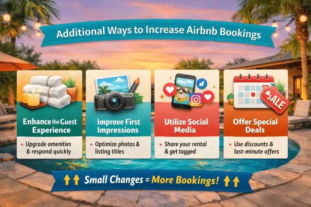 Infographic by a pool shows four ways to increase Airbnb bookings: enhance guest experience, improve first impressions, utilize social media, and offer special deals.