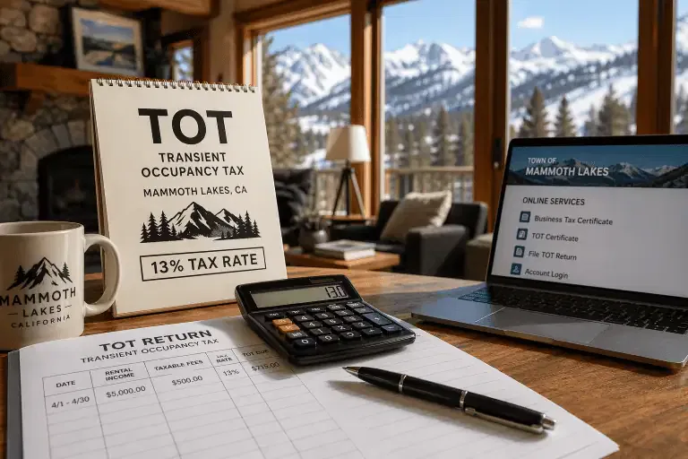 A desk with tax documents, a calculator, a mug, and a laptop displaying Mammoth Lakes tax services, with snowy mountains visible through large windows in the background.