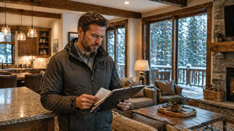 A man stands in a cozy, rustic living room with large windows, reading papers on a clipboard. Snow-covered trees are visible outside.