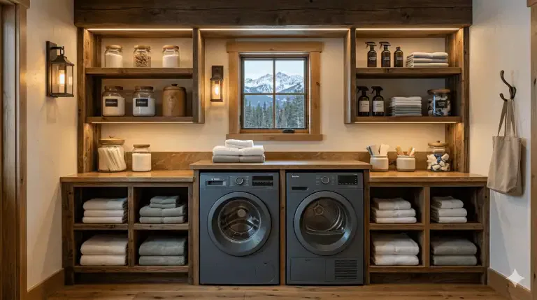 A tidy laundry room with front-loading washer and dryer, wooden shelves holding towels, jars, and cleaning supplies, and a window showing a mountain view.