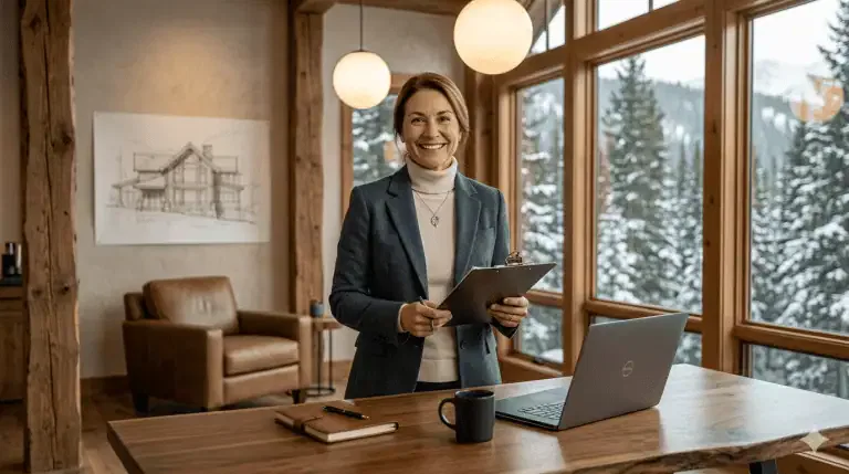 A woman in a blazer stands at a wooden desk with a laptop, notebook, and coffee mug, holding a clipboard in an office with large windows overlooking snowy trees.