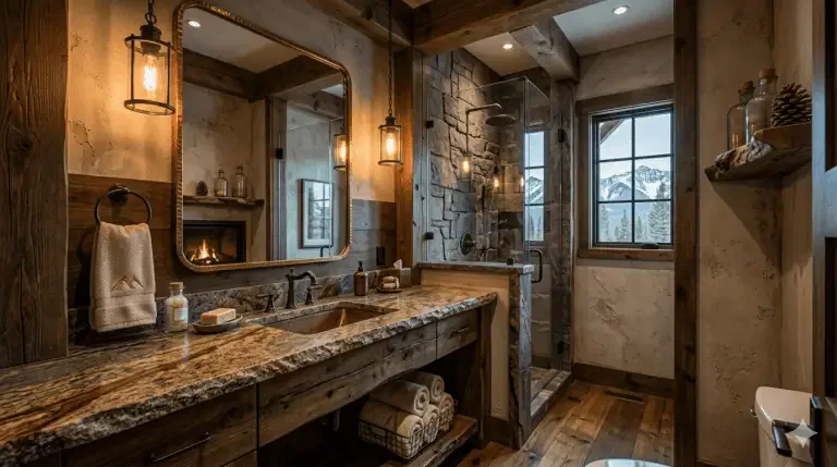 Rustic bathroom with wood accents, granite countertop, towels, glass shower, fireplace reflection in mirror, and window showing mountains.