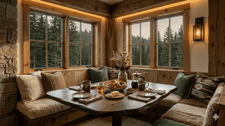 Cozy wooden breakfast nook with a corner bench, set table with pastries, jam, coffee, and a vase, overlooking a forest through large windows.