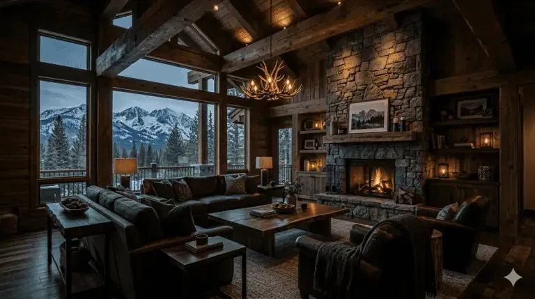 A cozy, rustic living room with large windows, wood beams, a stone fireplace, and mountain views in the background.