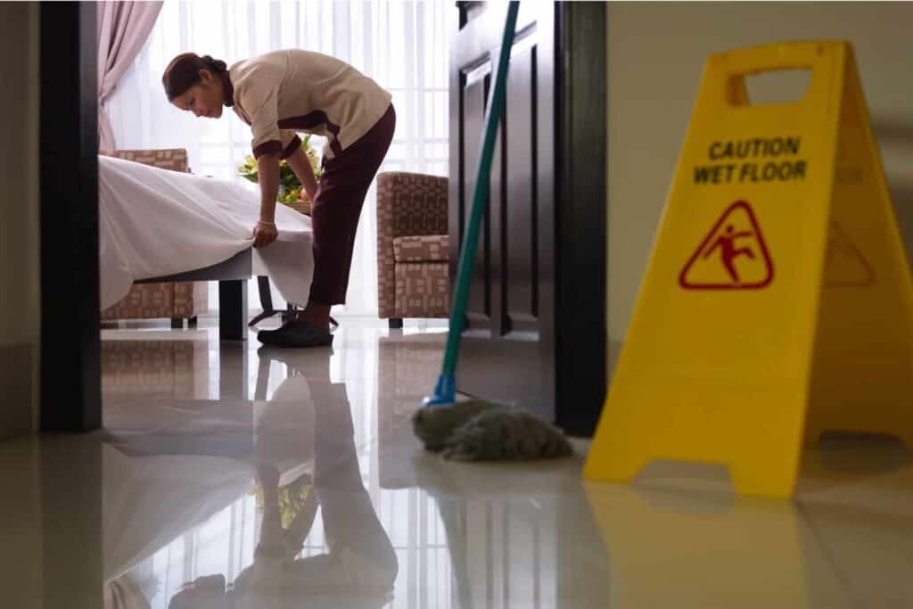 A Property Management professional carefully cleaning a room in Mammoth Lakes, California, while ensuring safety with a caution sign.