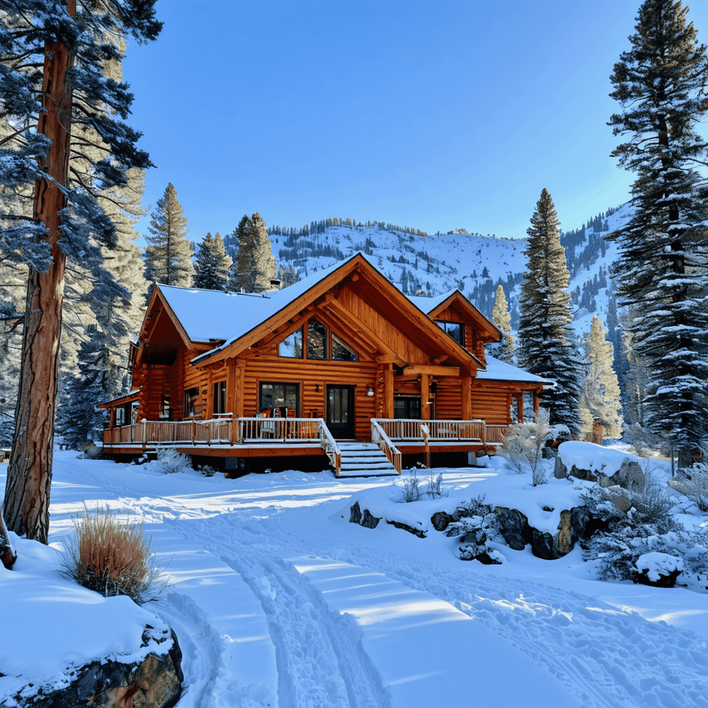 Let's talk A log cabin surrounded by snow-covered trees and mountains, with a wooden deck and a path leading to the entrance. The sky is clear and blue.