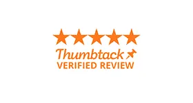 A logo with the words thumbtack verified review.