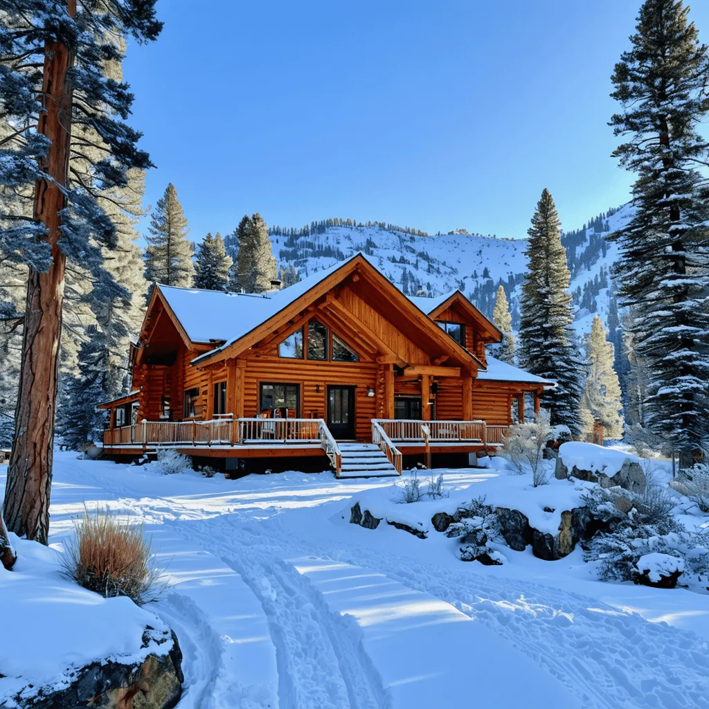 A log cabin surrounded by snow-covered trees and mountains, with a wooden deck and a path leading to the entrance. The sky is clear and blue.