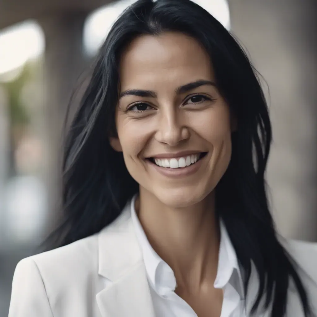 Woman with long dark hair smiling and wearing a white blazer in an outdoor setting.