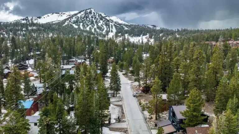 Aerial view of a snowy mountain landscape with pine trees, houses, and a road leading towards the mountains under a cloudy sky.