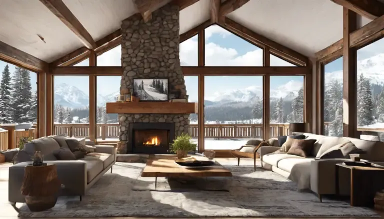 Spacious living room with large windows, stone fireplace, and cozy seating. Snow-covered mountains and trees visible outside. Natural light fills the room.