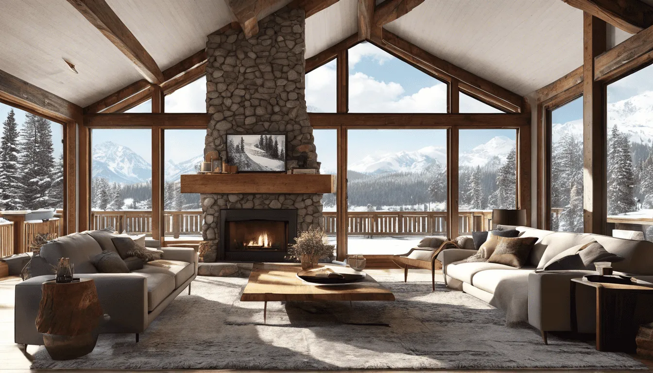 Spacious living room with large windows, stone fireplace, and cozy seating. Snow-covered mountains and trees visible outside. Natural light fills the room.