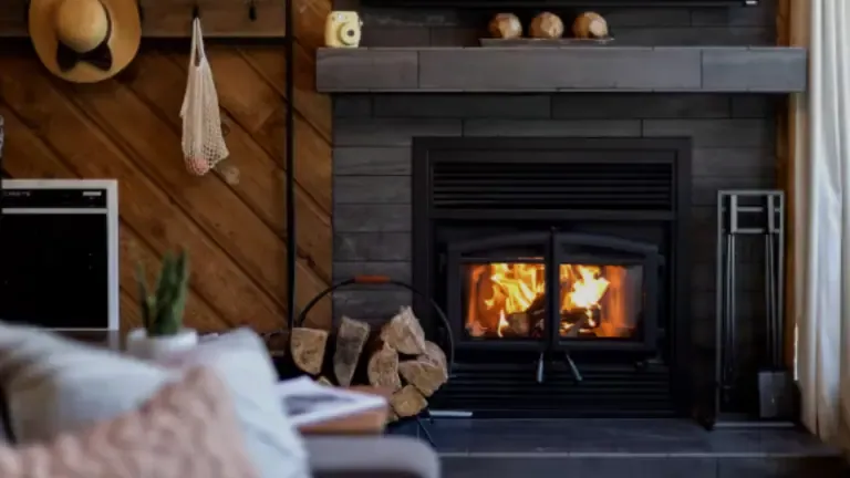 A cozy living room features a lit fireplace with stacked logs beside it. A wooden wall is adorned with hats and a net bag. A couch and a potted plant are partially visible.