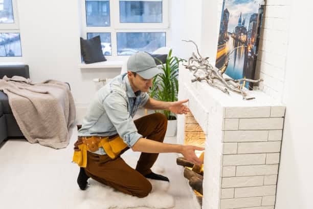 A man is putting a fire in a fireplace.